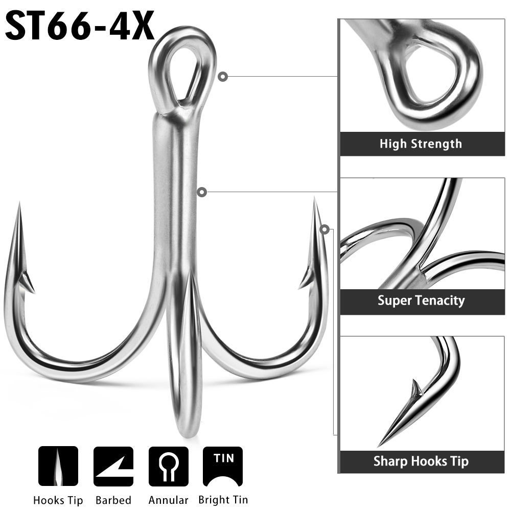 Super strong 4X 10pcs/box Matte Tin High Carbon Steel  Strong Fishhooks Barbed  treble Hooks