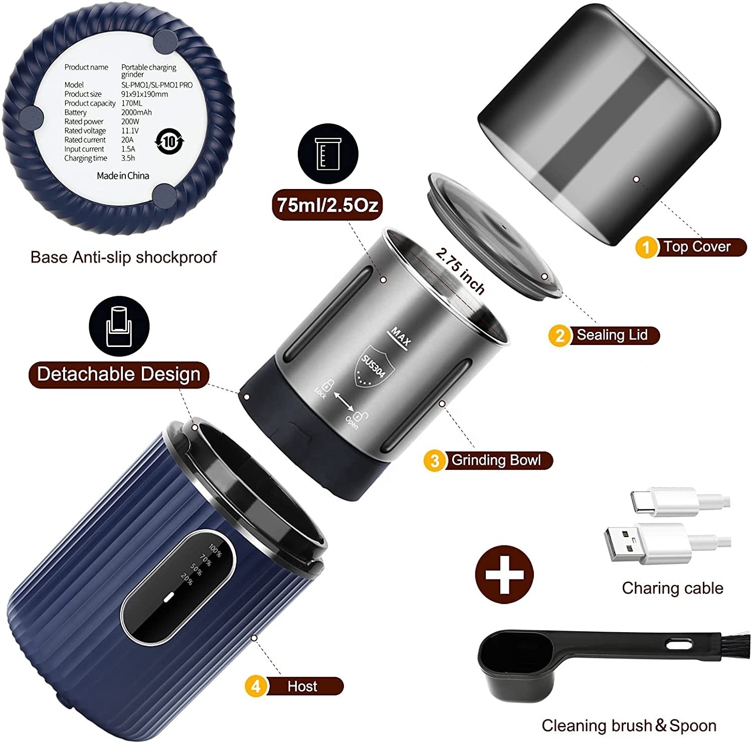 One Touch Start Auto Coffee Grinder for Coffee Beans and Spice Portable Battery Operated Coffee Grinder