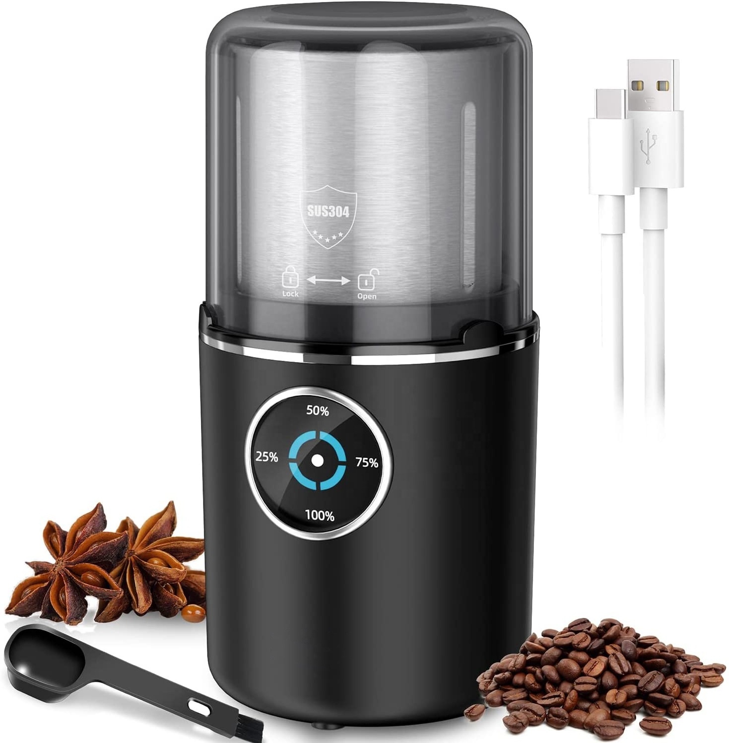 USB Chargeable coffee grinder Burr coffee grinder Portable electric coffee grinder 200W Battery charge