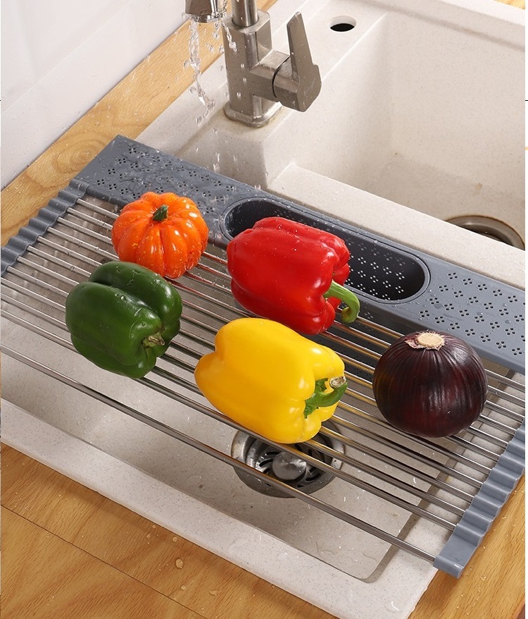 2020 Rolling Plato De Acero Inoxidable Escurridor Platero Escurridor Drainage Over Sink Roll-Up Dish Drying Rack With Drainer