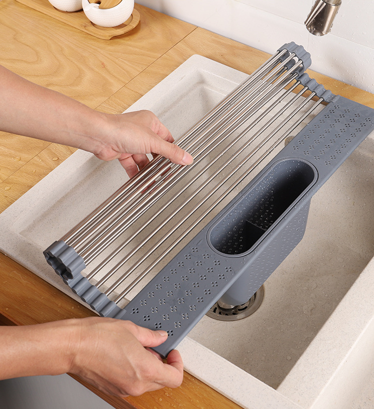 2020 Rolling Plato De Acero Inoxidable Escurridor Platero Escurridor Drainage Over Sink Roll-Up Dish Drying Rack With Drainer