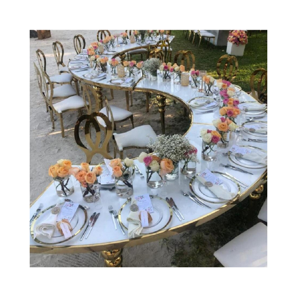 Gold stainless steel Mirror glass round S shape dining wedding table party chairs and moon serpentine tables