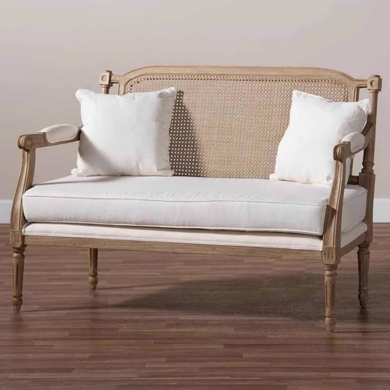 American country retro do old living room white rattan solid wood carved three-person sofa