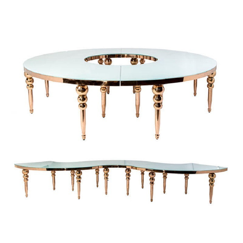 Gold stainless steel Mirror glass round S shape dining wedding table party chairs and moon serpentine tables