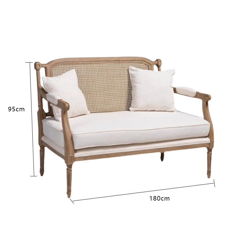 American country retro do old living room white rattan solid wood carved three-person sofa