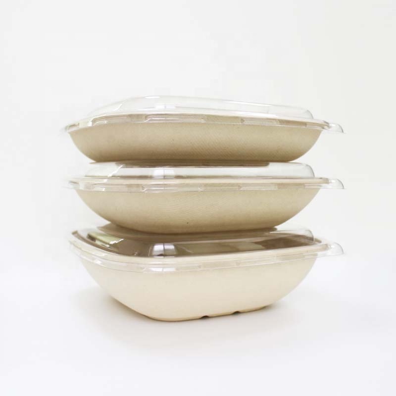 32 oz disposable square biodegradable pulp takeaway food tray plates with clear lid