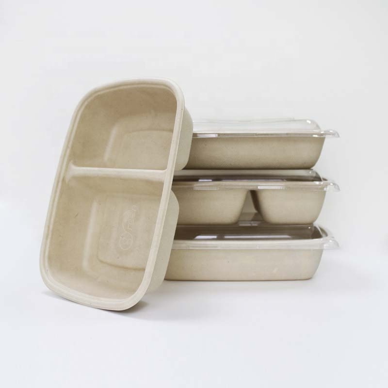 32 oz disposable square biodegradable pulp takeaway food tray plates with clear lid