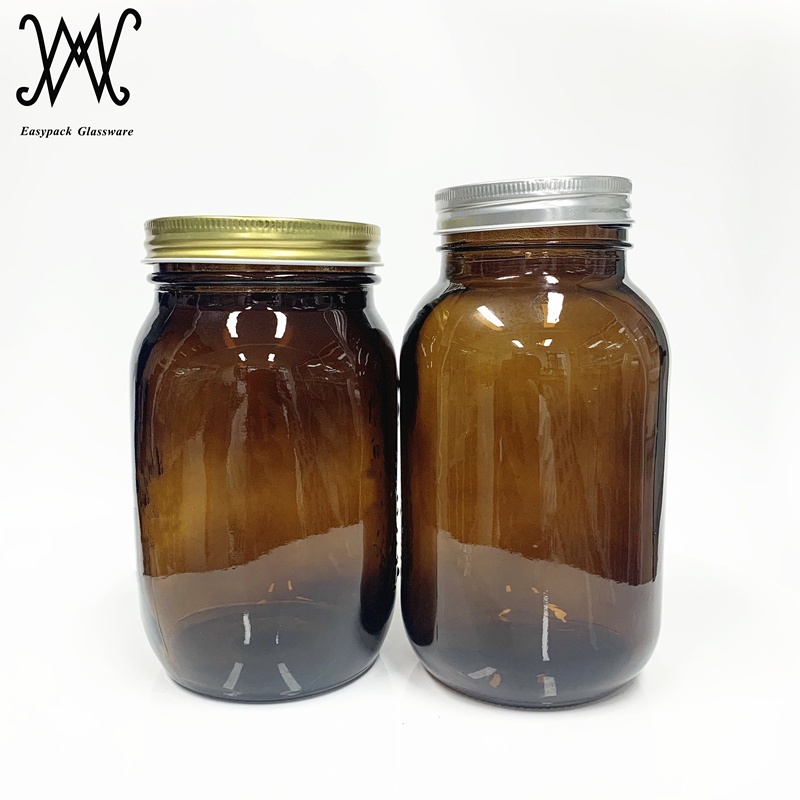 8oz 16oz 32oz regular wide mouth amber colored glass mason jars with metal screw lid for food storage lightproof