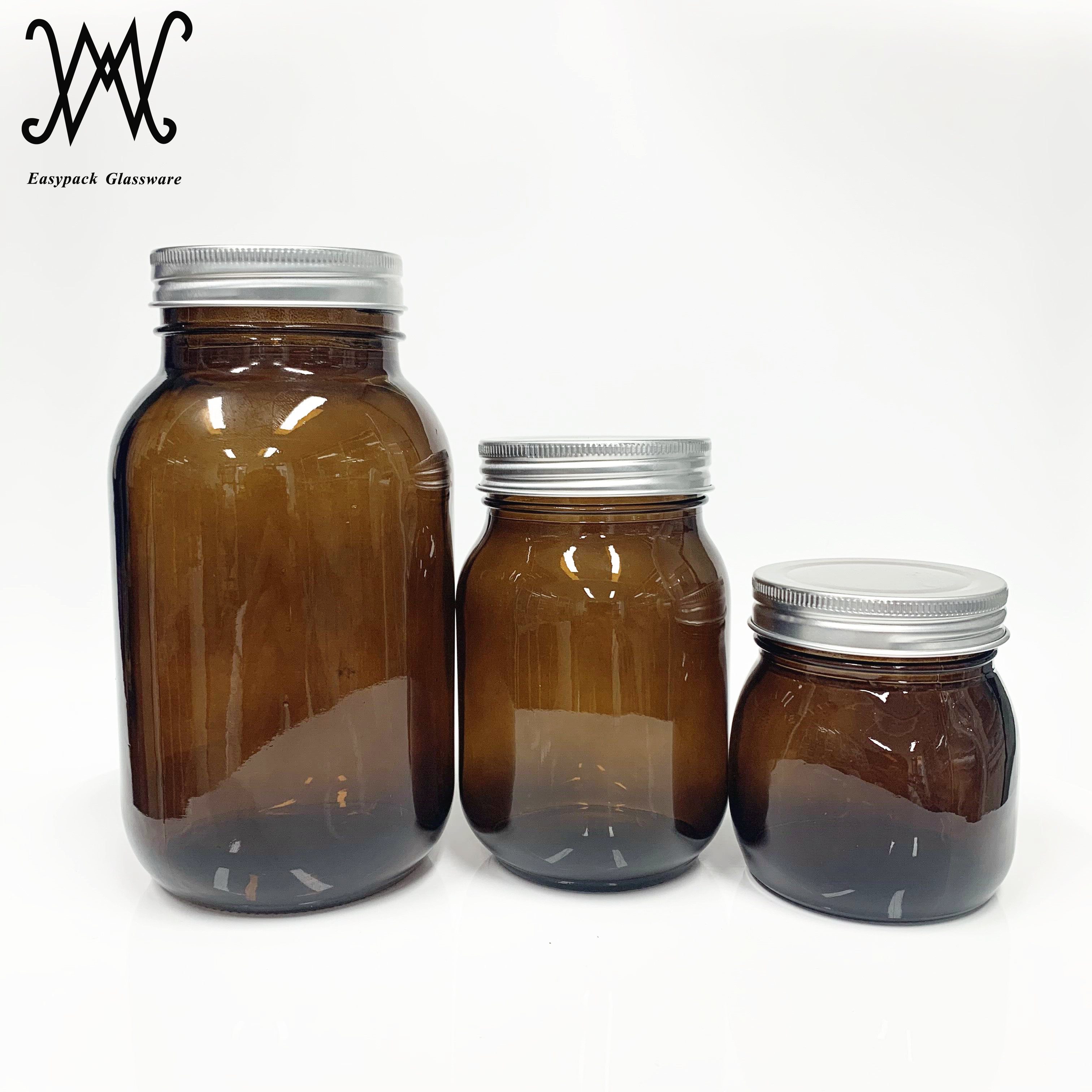 8oz 16oz 32oz regular wide mouth amber colored glass mason jars with metal screw lid for food storage lightproof