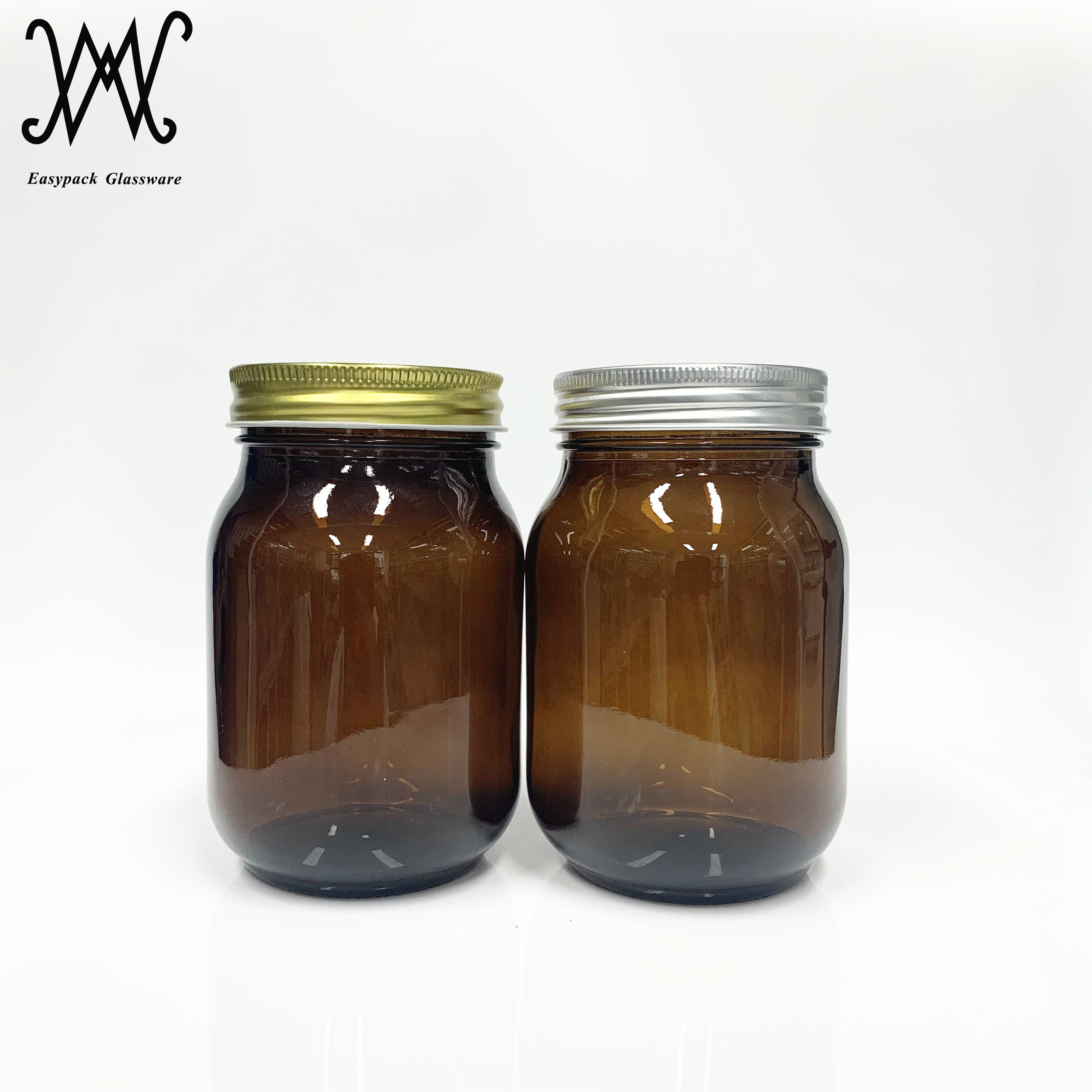 8oz 16oz 32oz regular wide mouth amber colored glass mason jars with metal screw lid for food storage lightproof