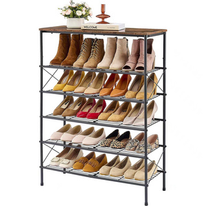 Simple 6-story shoe rack metal mesh shoe storage rack with X-shaped fixed frame rustic brown