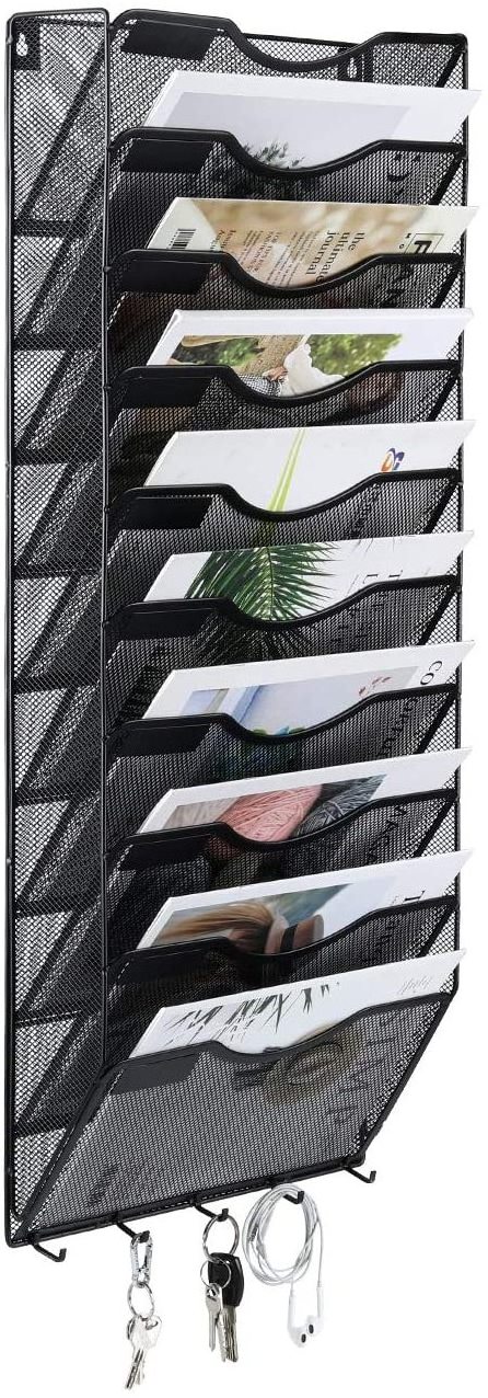 EasyPAG Mesh Metal 10 Pocket Wall File Holder Organizer Hanging Magazine Rack with 5 Key Holder Hooks,Black