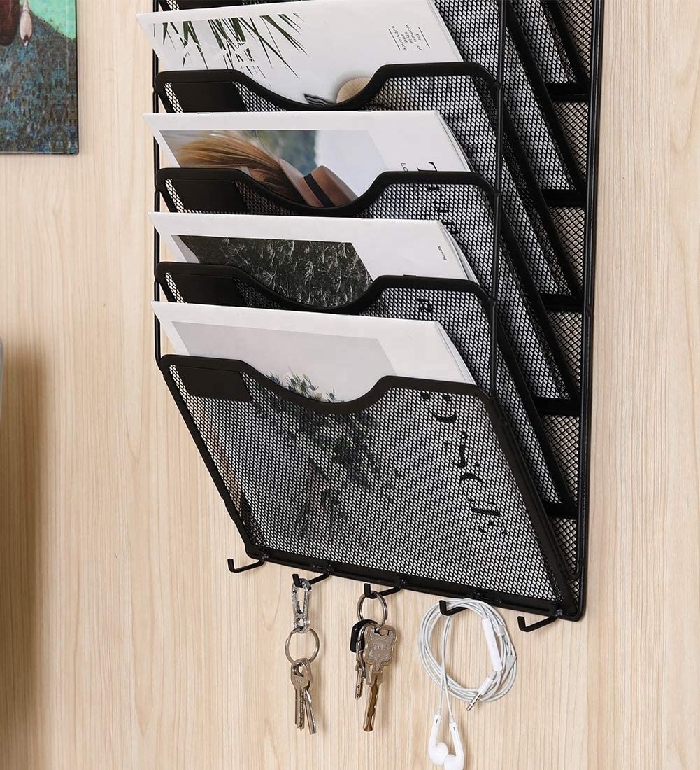 EasyPAG Mesh Metal 10 Pocket Wall File Holder Organizer Hanging Magazine Rack with 5 Key Holder Hooks,Black