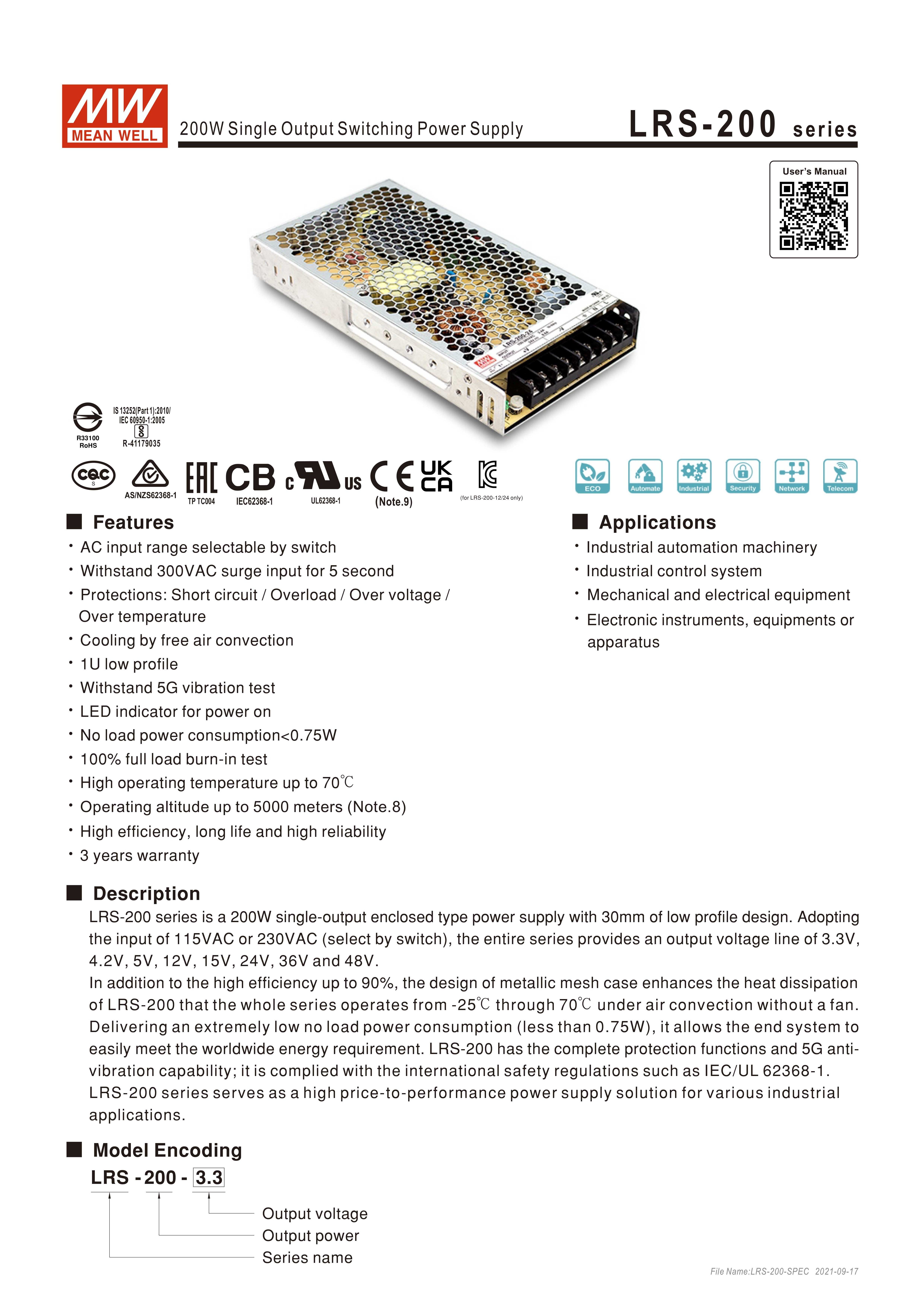 SMPS MeanWell LRS-200-24 200W 24V 8A switching power supply 220V to 3.3v 5v 12v 15v 24v 36v 48v DC  Power Supplies 5A 8A 10A