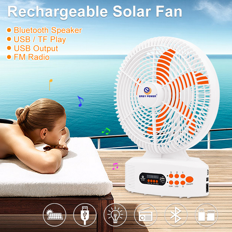 Easy Power Hot Sell 12 Inch Solar Rechargeable Fan Portable FM Radio Fan Rechargeable with Led Lights and Speaker