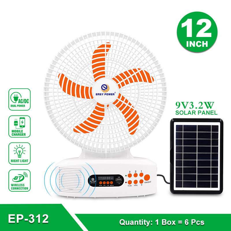 Easy Power Hot Sell 12 Inch Solar Rechargeable Fan Portable FM Radio Fan Rechargeable with Led Lights and Speaker