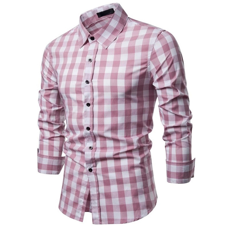 Mens Plaid Pure Cotton Grid Slim Fit Long Sleeve Casual Check Shirt for Men