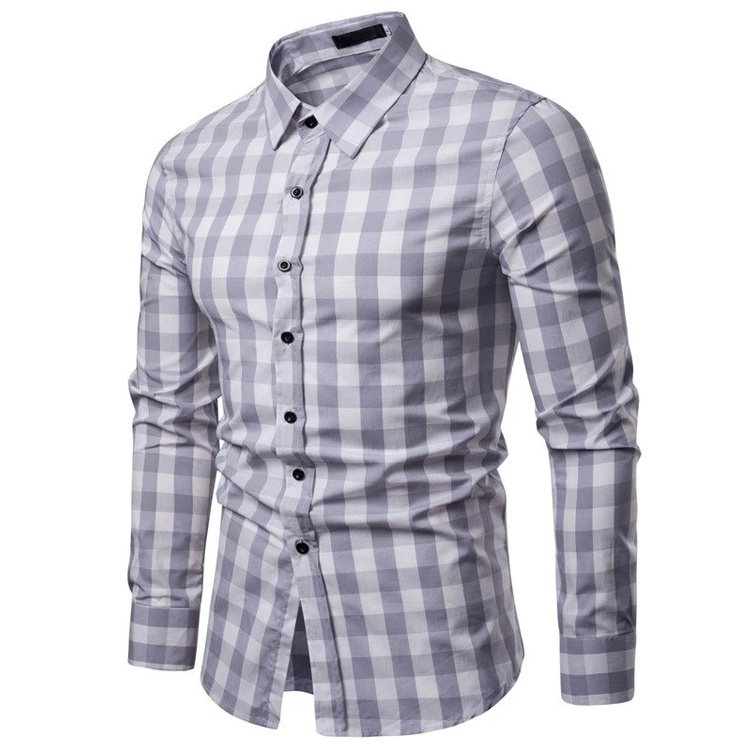 Mens Plaid Pure Cotton Grid Slim Fit Long Sleeve Casual Check Shirt for Men