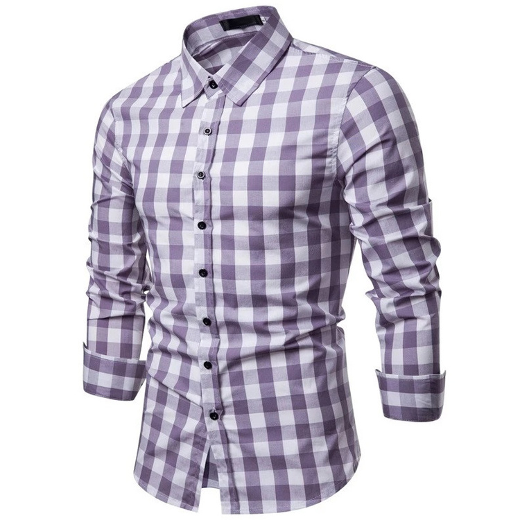 Mens Plaid Pure Cotton Grid Slim Fit Long Sleeve Casual Check Shirt for Men