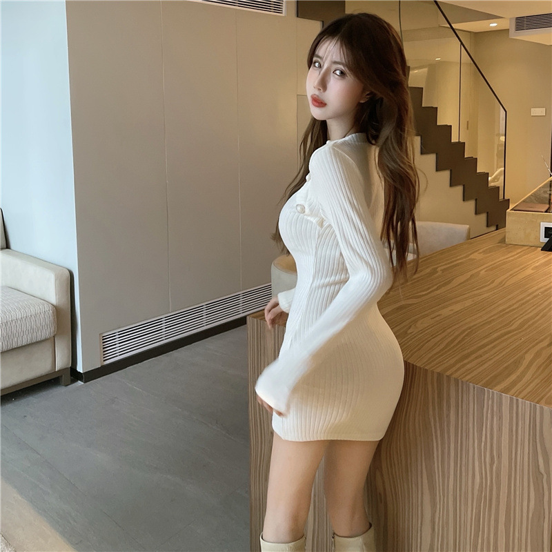 2023 New Korean Long sleeved Square Neck thicken fashion casual Midi dress Knitted Slim Wrap Dress for Women Elegant Sexy Dress