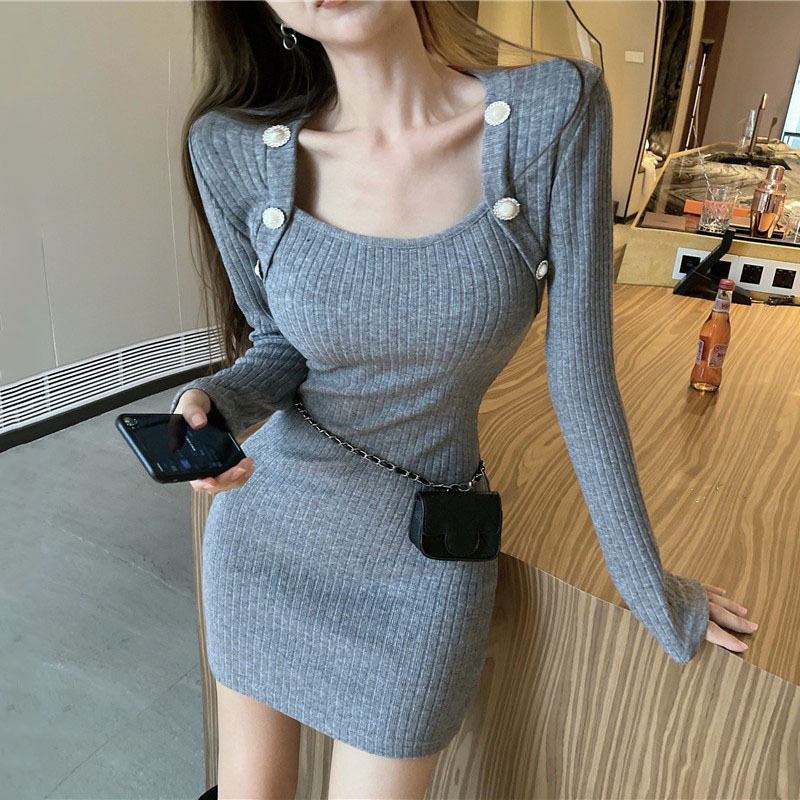 2023 New Korean Long sleeved Square Neck thicken fashion casual Midi dress Knitted Slim Wrap Dress for Women Elegant Sexy Dress