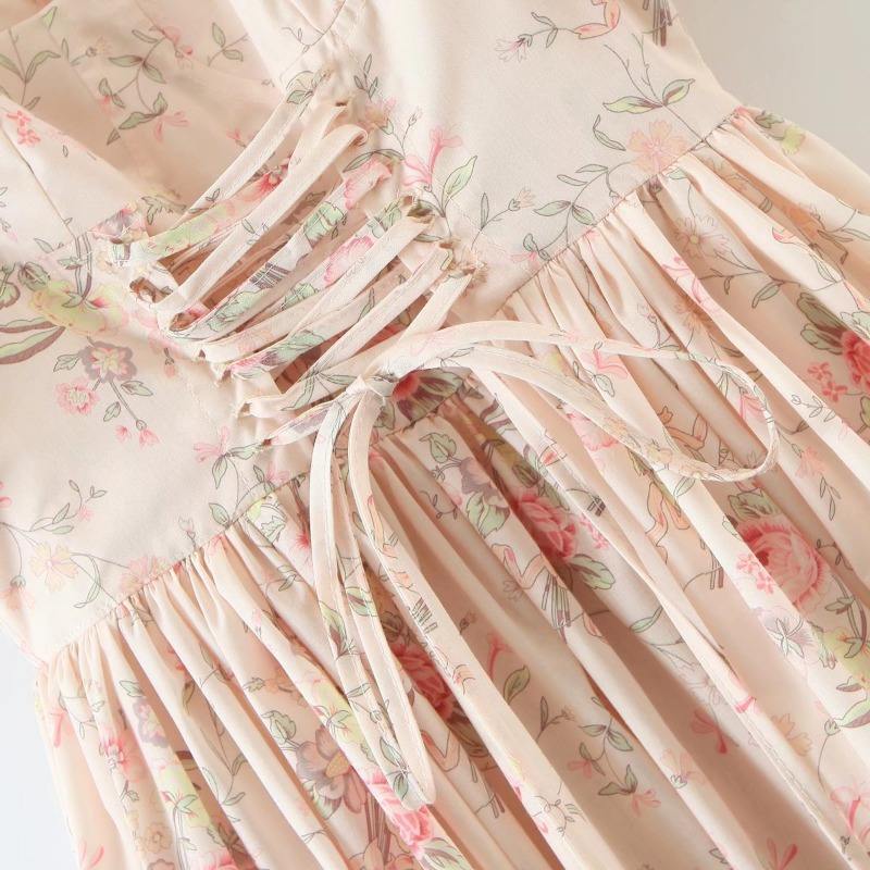 Summer New Women High Waist Print Floral Dress Short Puff Sleeve Square Collar Long Dress Chest Pleated Lace Up Casual Dress