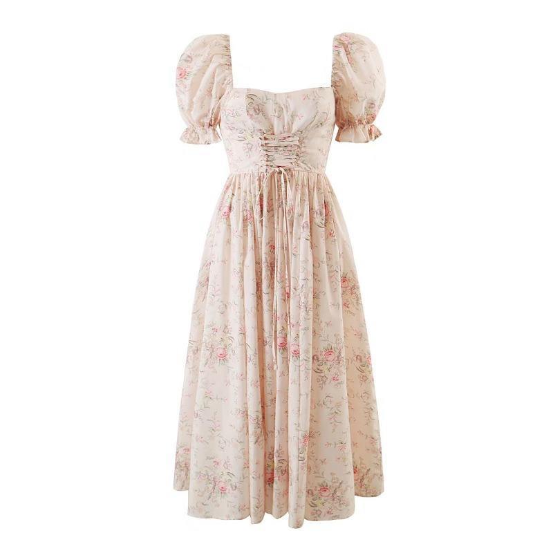 Summer New Women High Waist Print Floral Dress Short Puff Sleeve Square Collar Long Dress Chest Pleated Lace Up Casual Dress