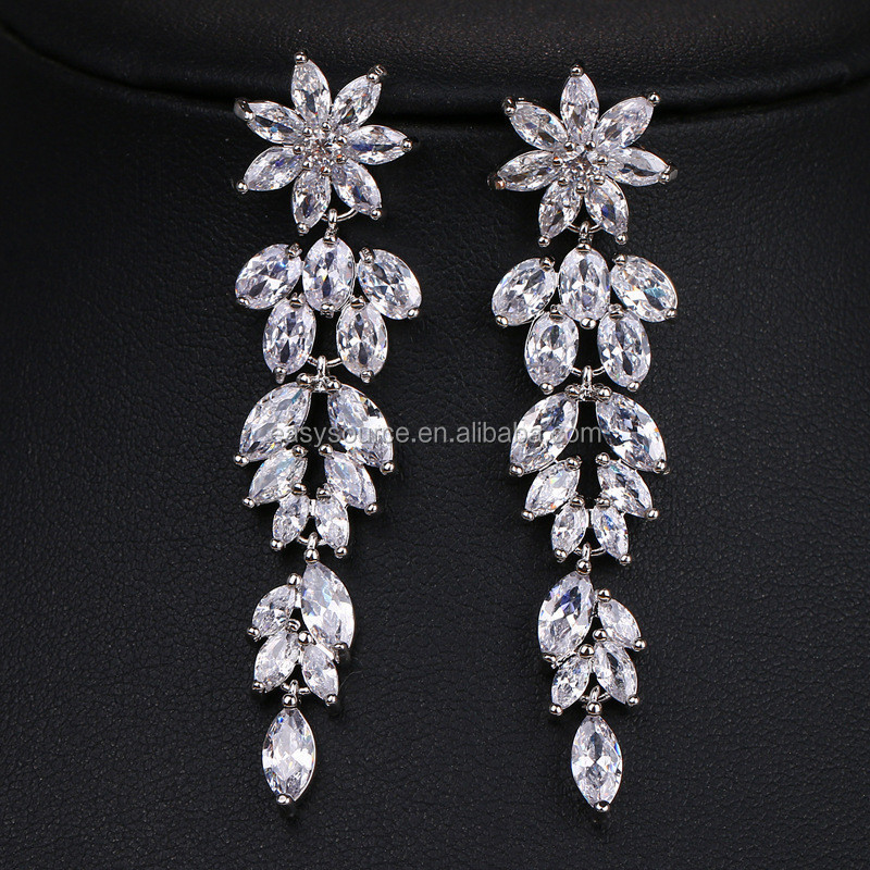 RE4081 Women Floral Long CZ Earrings For Bride Sparkling Cubic Zircon  Earring Wedding Jewelry