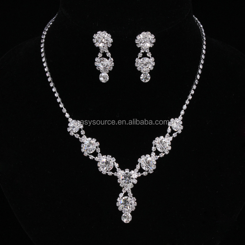 Silver Tone Water Drop Bridal Pendant Necklace Earrings Set Zirconia Drop Earring Wedding Jewelry Set