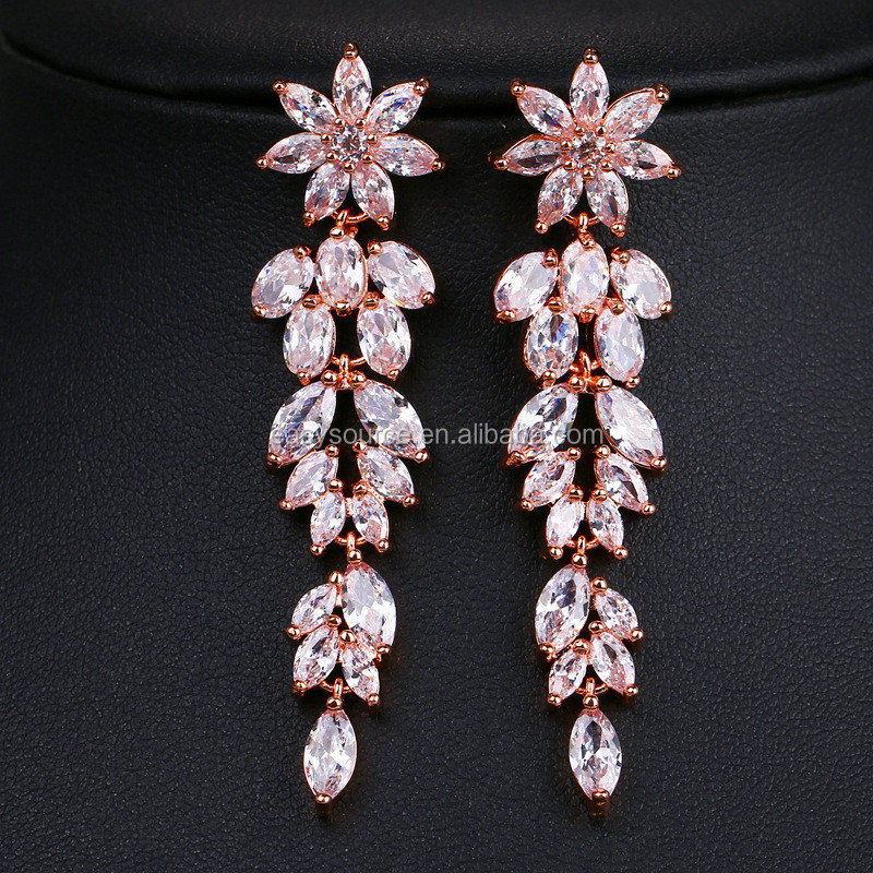 RE4081 Women Floral Long CZ Earrings For Bride Sparkling Cubic Zircon  Earring Wedding Jewelry