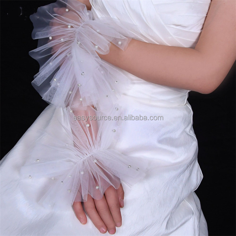 YM84 Pearls Wedding Sleeves Bridal Dress Engagement Lace Gloves Elegant Women Accessories