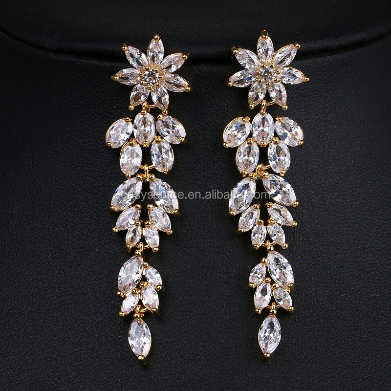 RE4081 Women Floral Long CZ Earrings For Bride Sparkling Cubic Zircon  Earring Wedding Jewelry