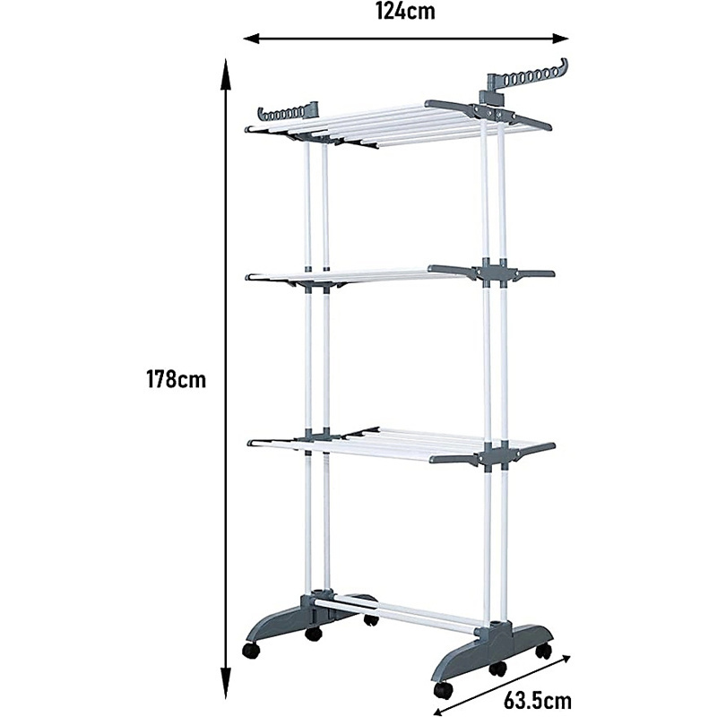 Double Rod Clothing Rack Rolling Clothes Racks Hanging Rail On Wheels Metal Three-layer Clothes Hanger Standing Hanger