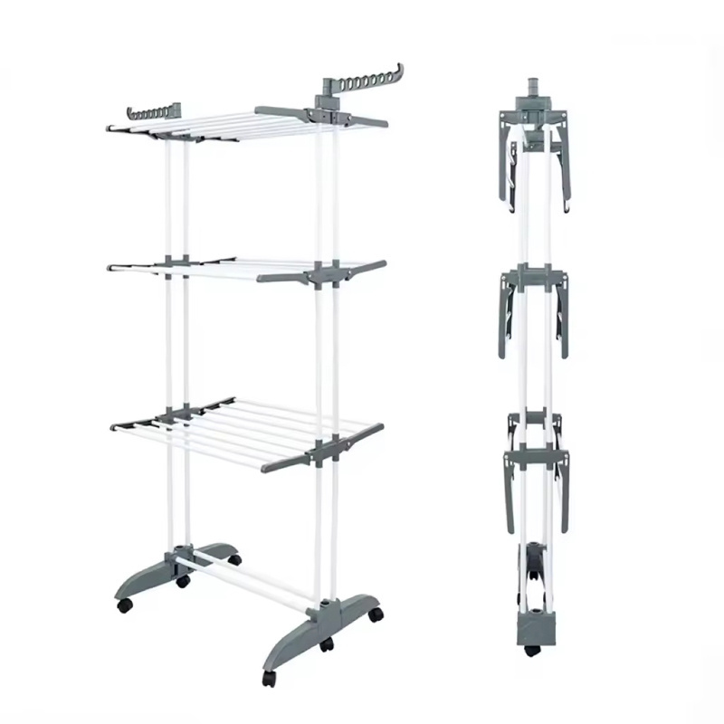 Double Rod Clothing Rack Rolling Clothes Racks Hanging Rail On Wheels Metal Three-layer Clothes Hanger Standing Hanger