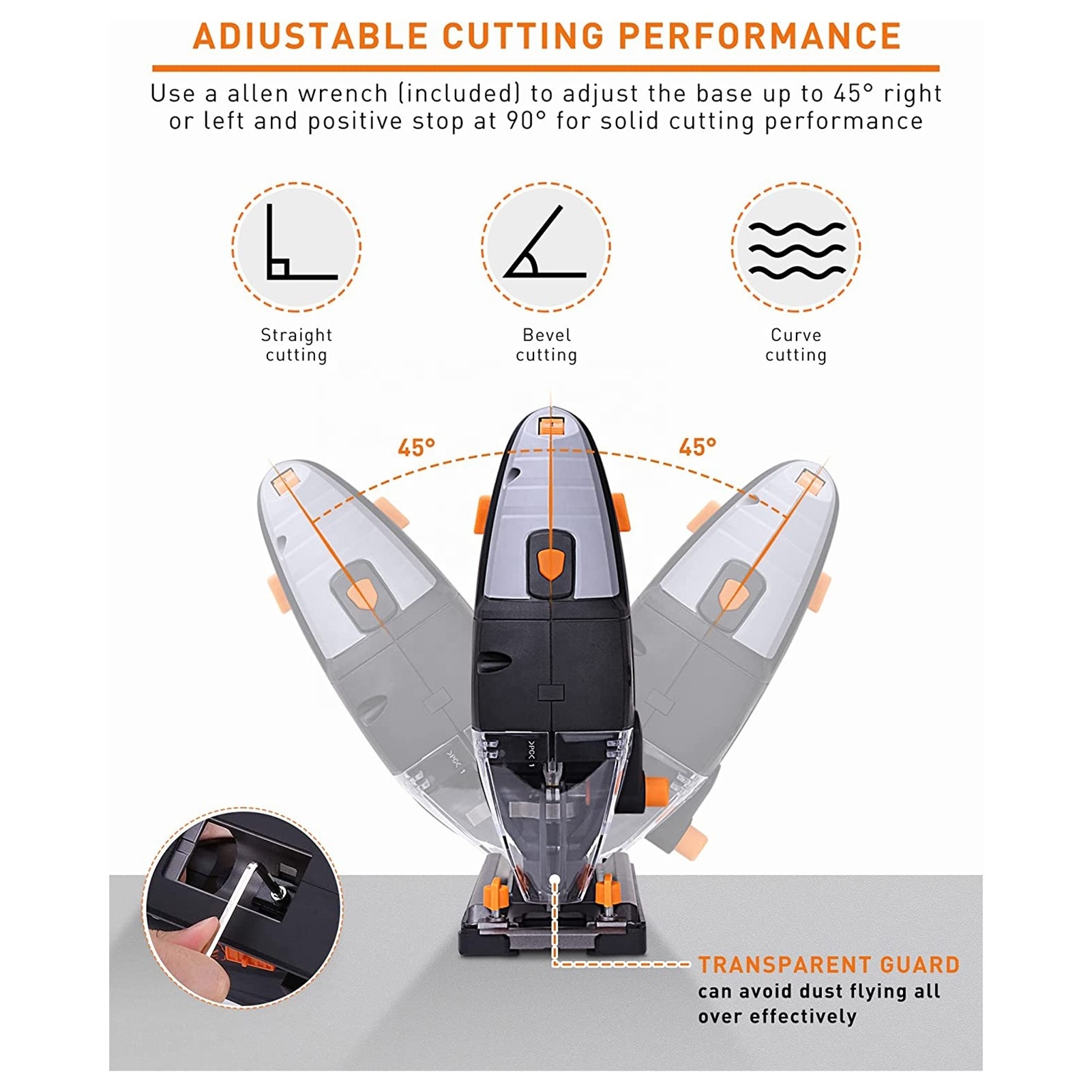 800W 6.7A Electric 800-3000SPM Variable Speed for Wood Plastic Metal TACKLIFE 45-degree Bevel Cutting Jig Saw