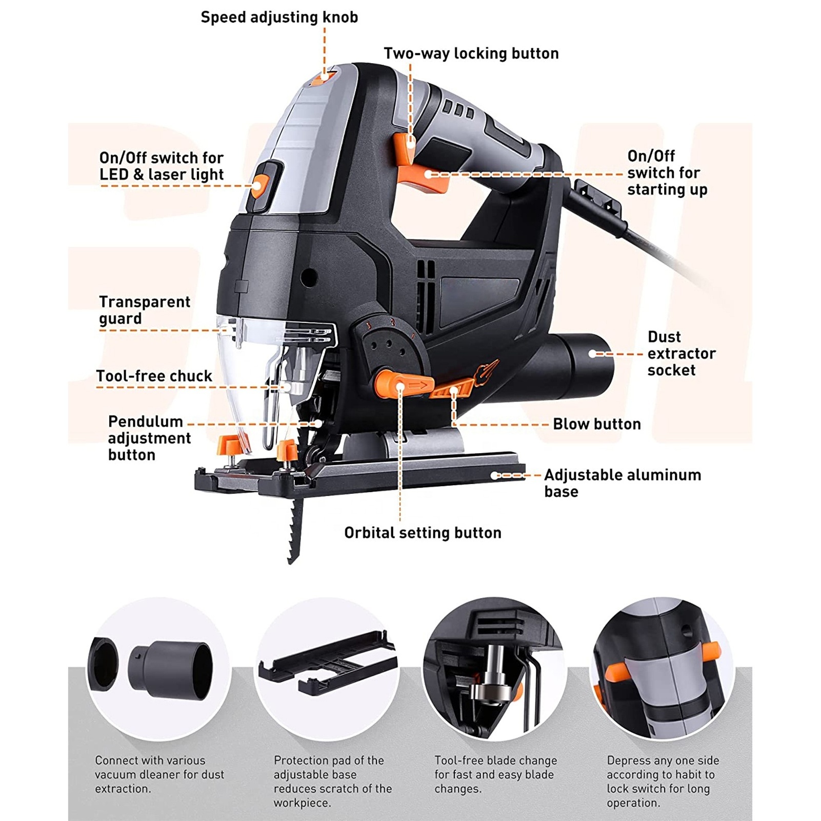 800W 6.7A Electric 800-3000SPM Variable Speed for Wood Plastic Metal TACKLIFE 45-degree Bevel Cutting Jig Saw