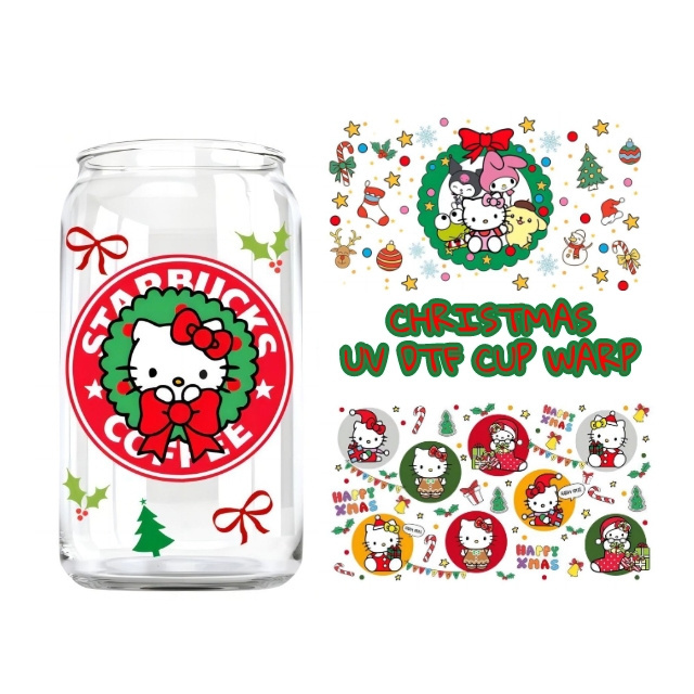 Wholesale Custom Logo Christmas Hello Kitty16oz vinyl UV DTF Cups Can Wraps Transfers Label Stickers for Tumblers And Glasses