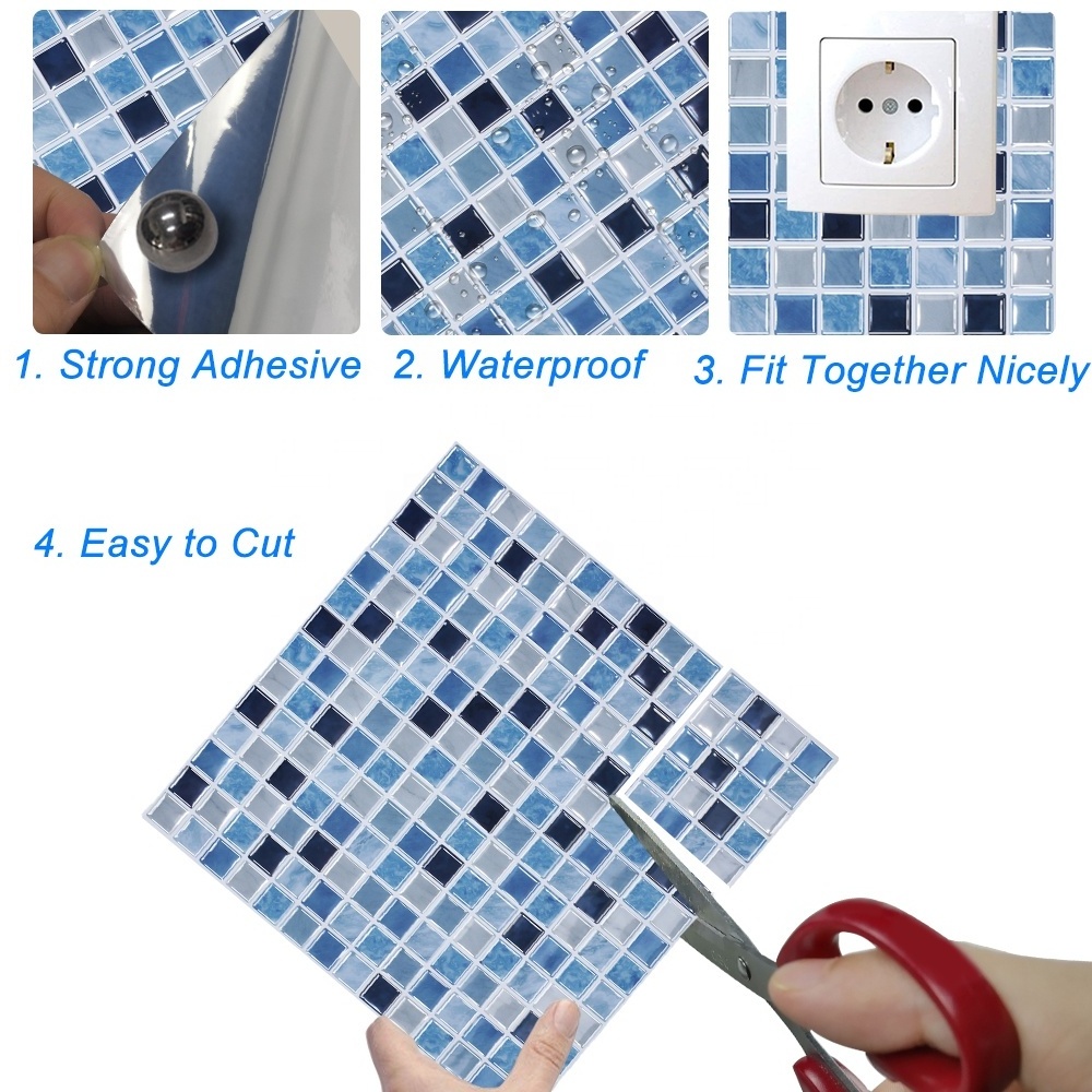 Peel and Stick Waterproof Tile Stickers Self Adhesive 3D Blue Mosaic Effect Vinyl Wallpaper for Kitchen Backsplash