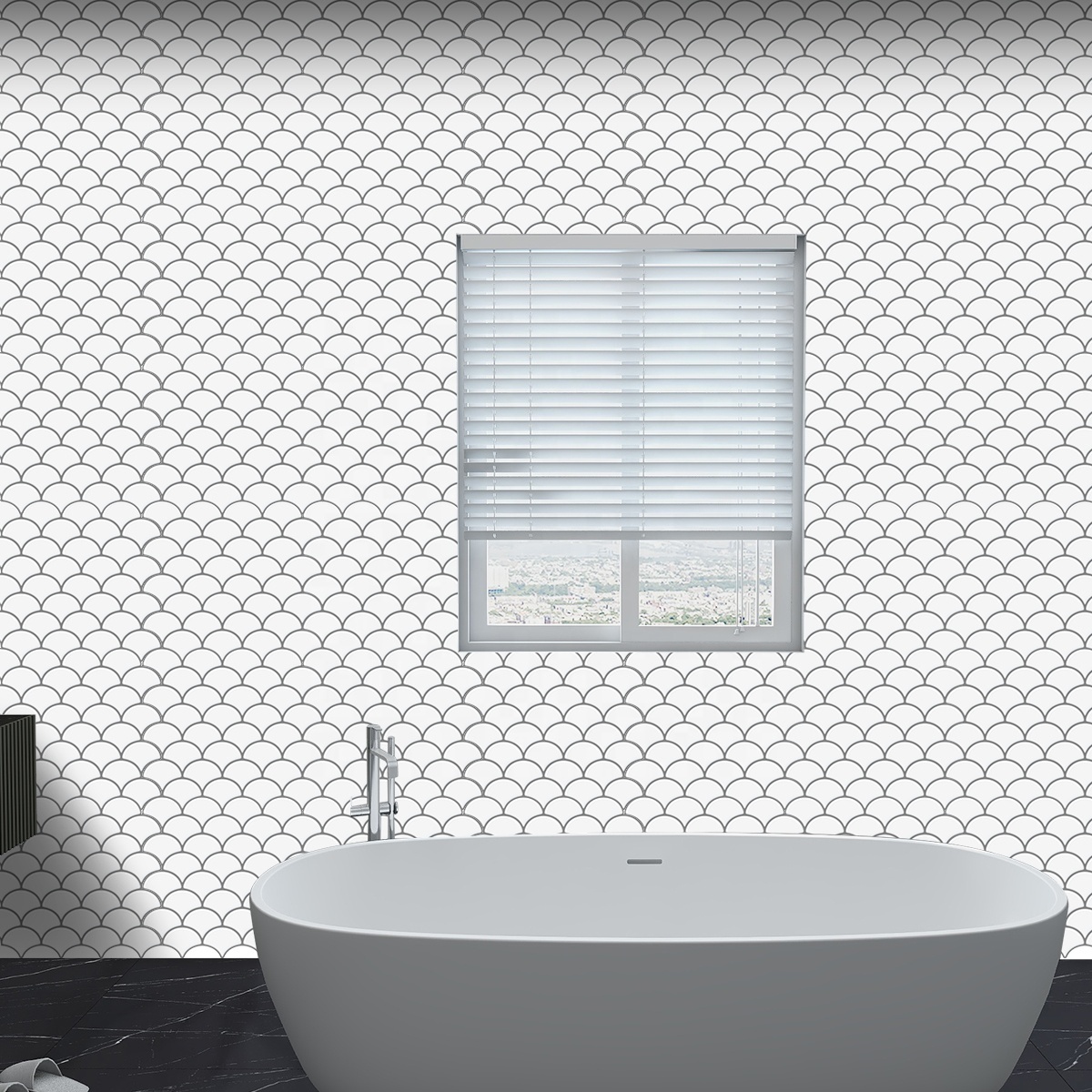 White With Grey Grout Fish Scale 3D  Wall Sticker Vinyl Tiles Waterproof Home Decor For Kitchen Bathroom Living Room