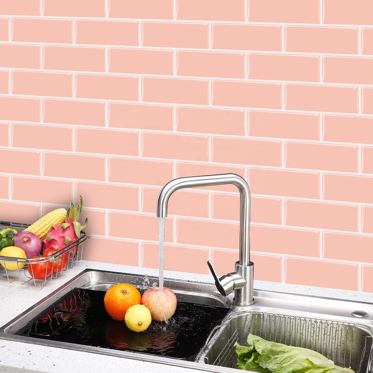 Peel and Stick Wall Pink with White Grout Subway Wall Tile 3D Fireplace Tile Waterproof for Kitchen Bathroom