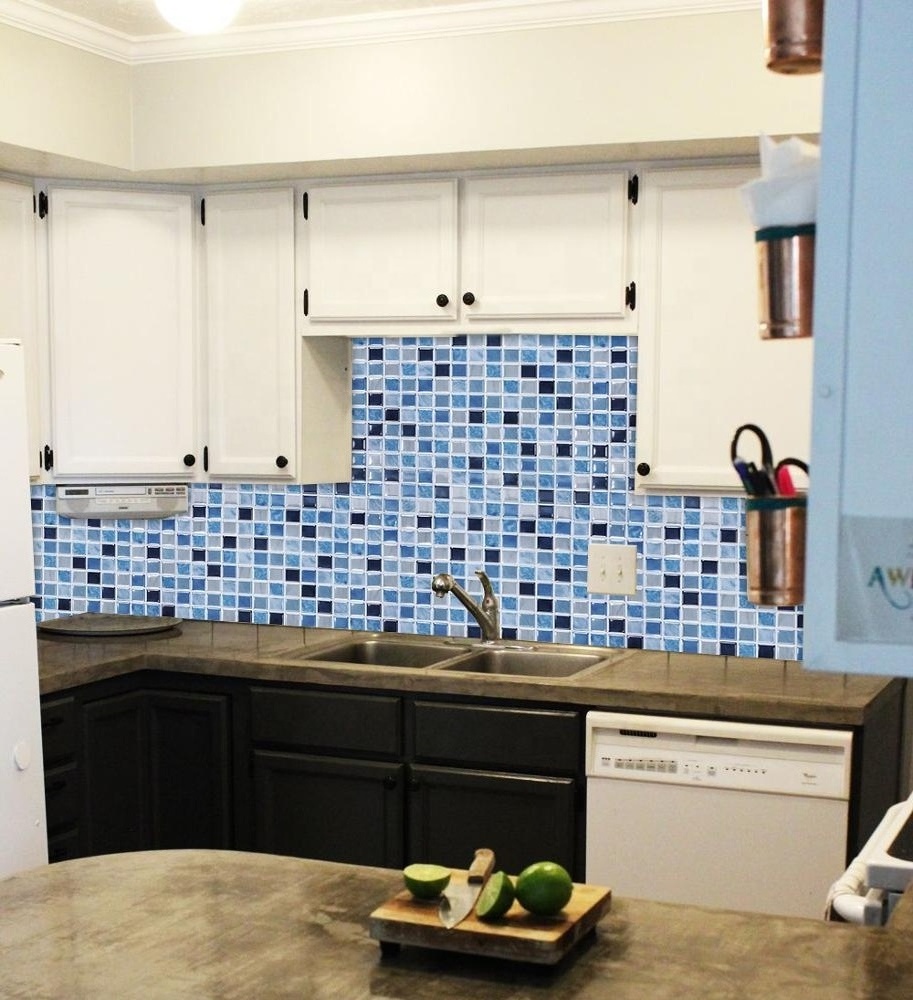 Peel and Stick Waterproof Tile Stickers Self Adhesive 3D Blue Mosaic Effect Vinyl Wallpaper for Kitchen Backsplash