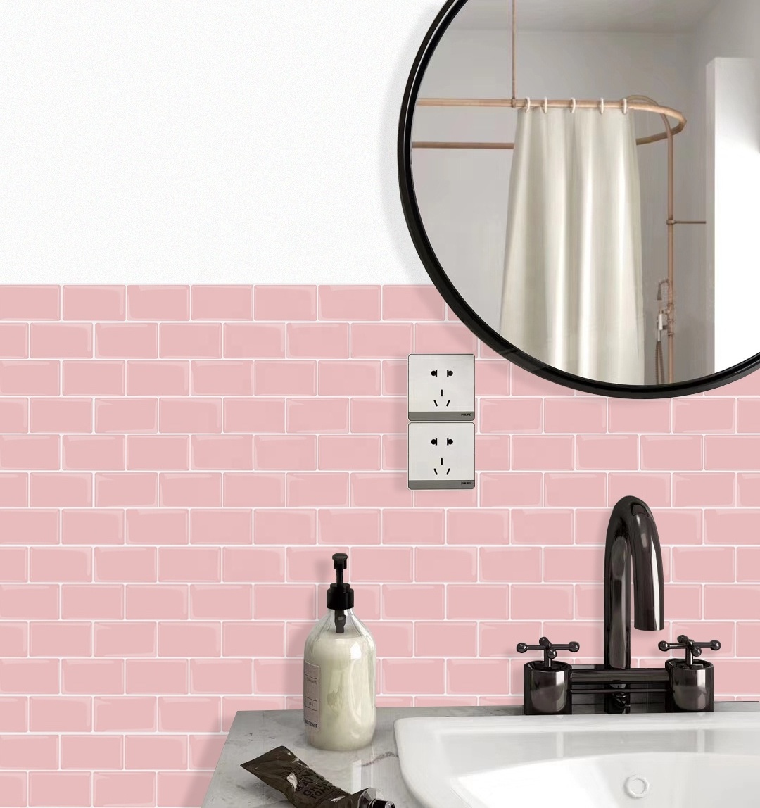 Pink Subway Mosaic Wallpaper Waterproof Wall Sticker Tiles Peel and Stick Backsplash for Kitchen and Bathroom