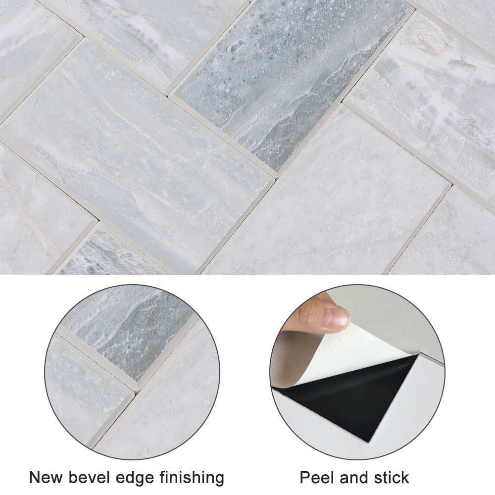 4mm Thickness Composite Herringbone Design in Grey Color Mix Blue Marble Peel and Stick DIY for Kitchen Backsplash