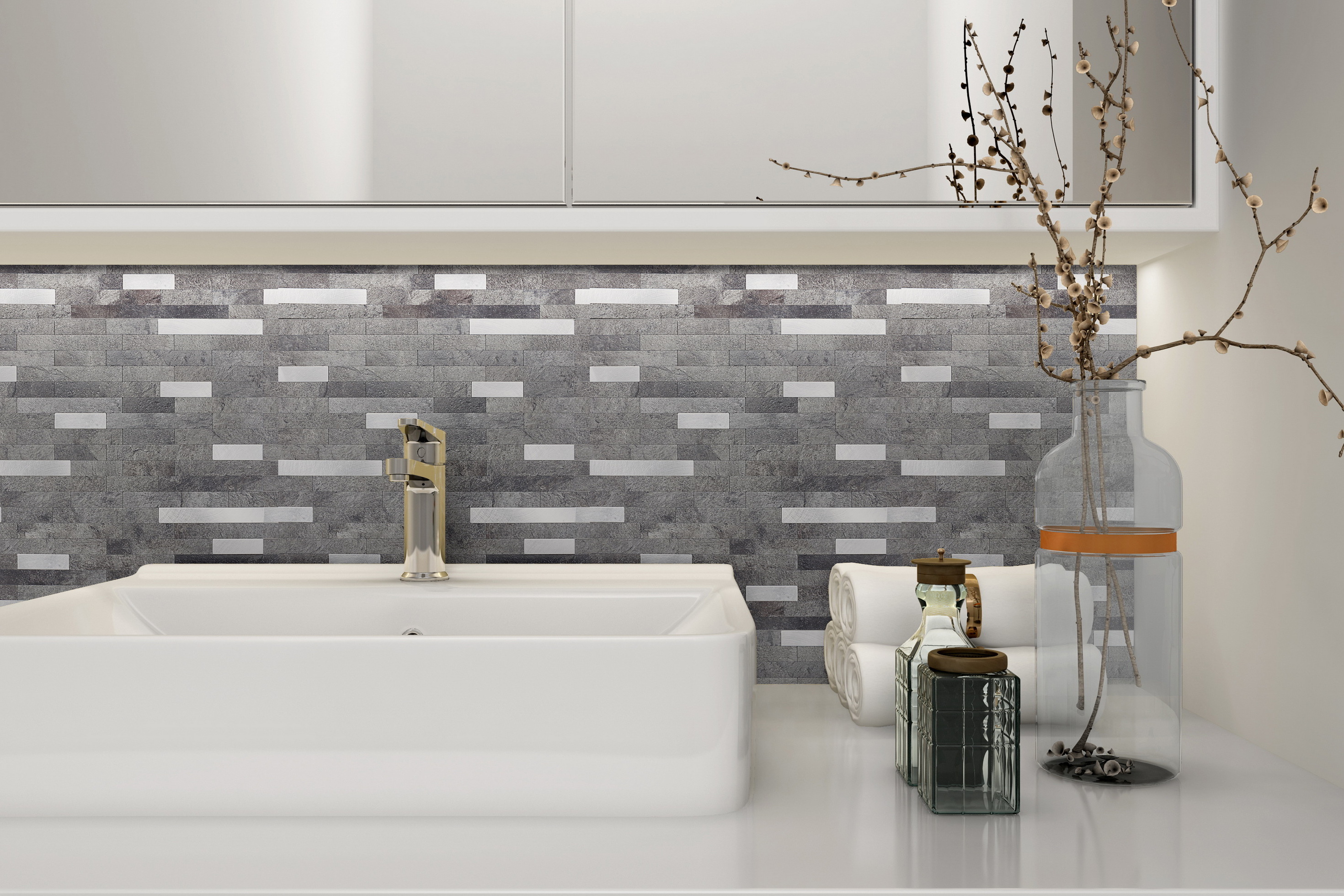 Peel and Stick Wall Tile Self-adhesive Mosaic Backsplash Kitchen Bathroom Showroom Metal and PVC Composite Panel Waterproof