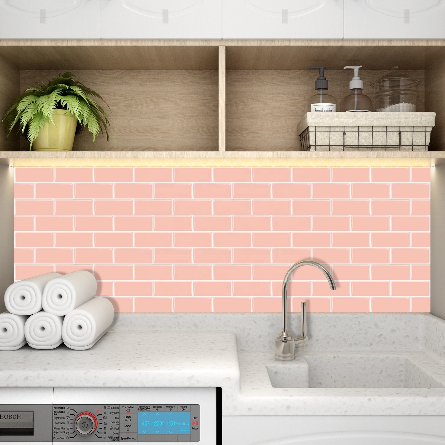 Peel and Stick Wall Pink with White Grout Subway Wall Tile 3D Fireplace Tile Waterproof for Kitchen Bathroom