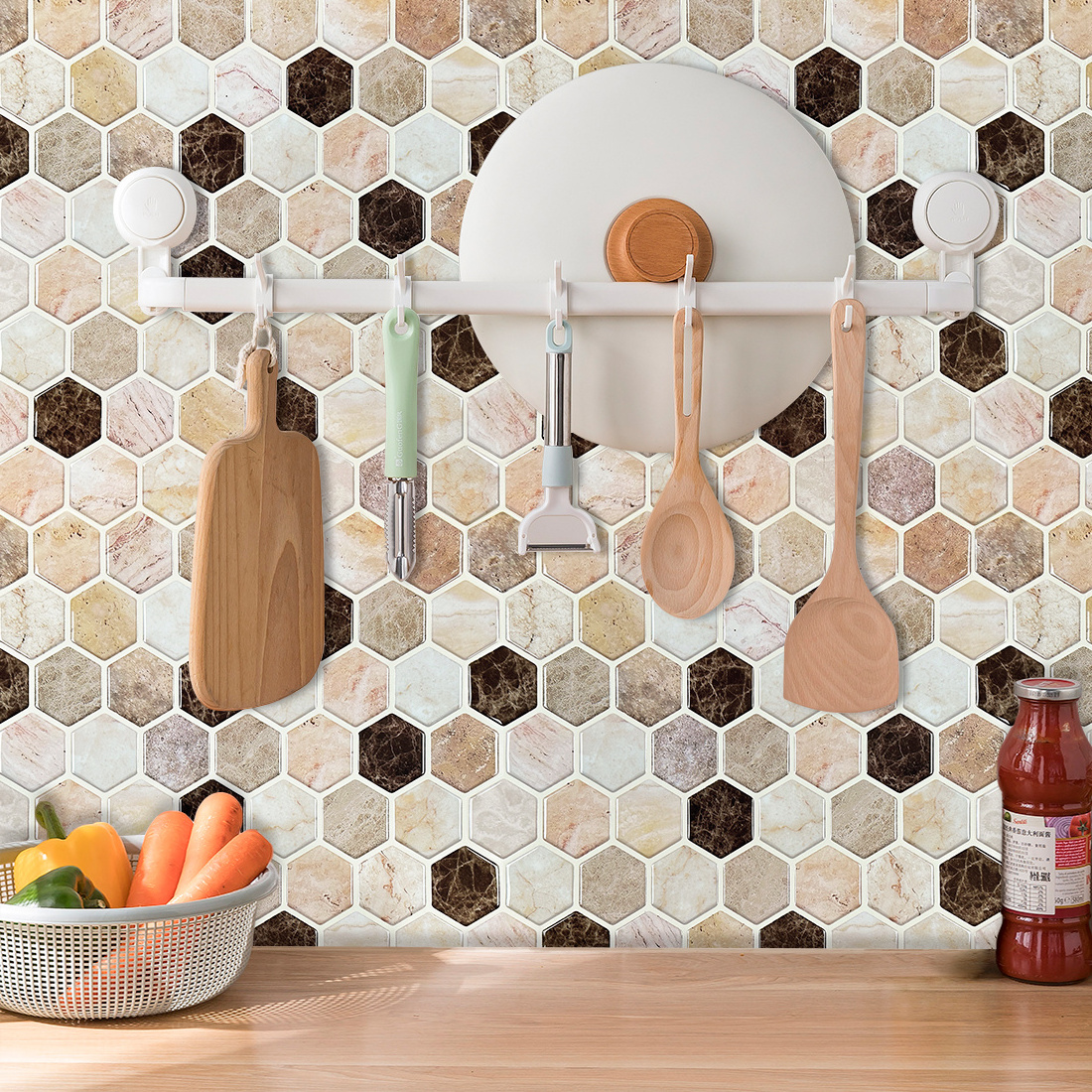 12*12 Inch Peel and Stick Wall Sticker Pink Hexagon Wall Tile 3D Fireplace Tile Backsplash Kitchen Bathroom Waterproof