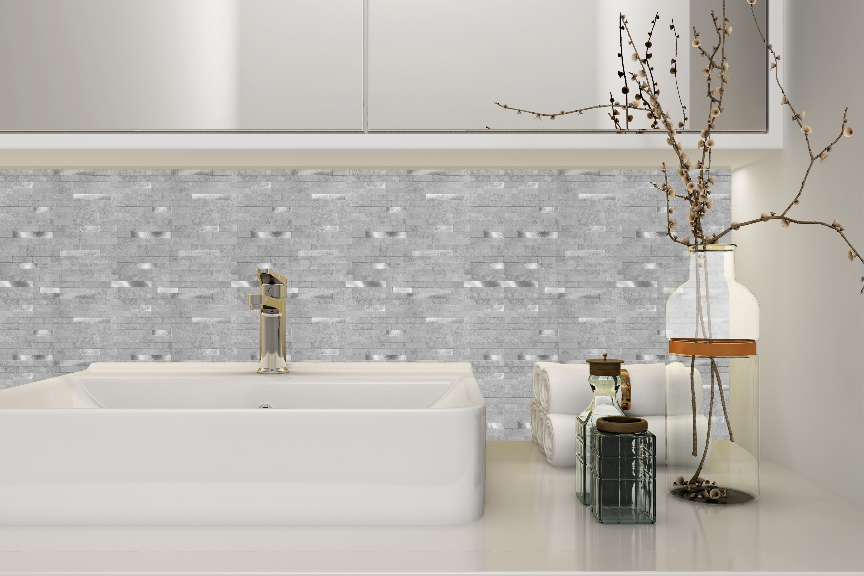 Decorative Peel and Stick Wall Tile Self-adhesive Mosaic Backsplash Kitchen Bathroom Showroom Metal and PVC Composite Panel