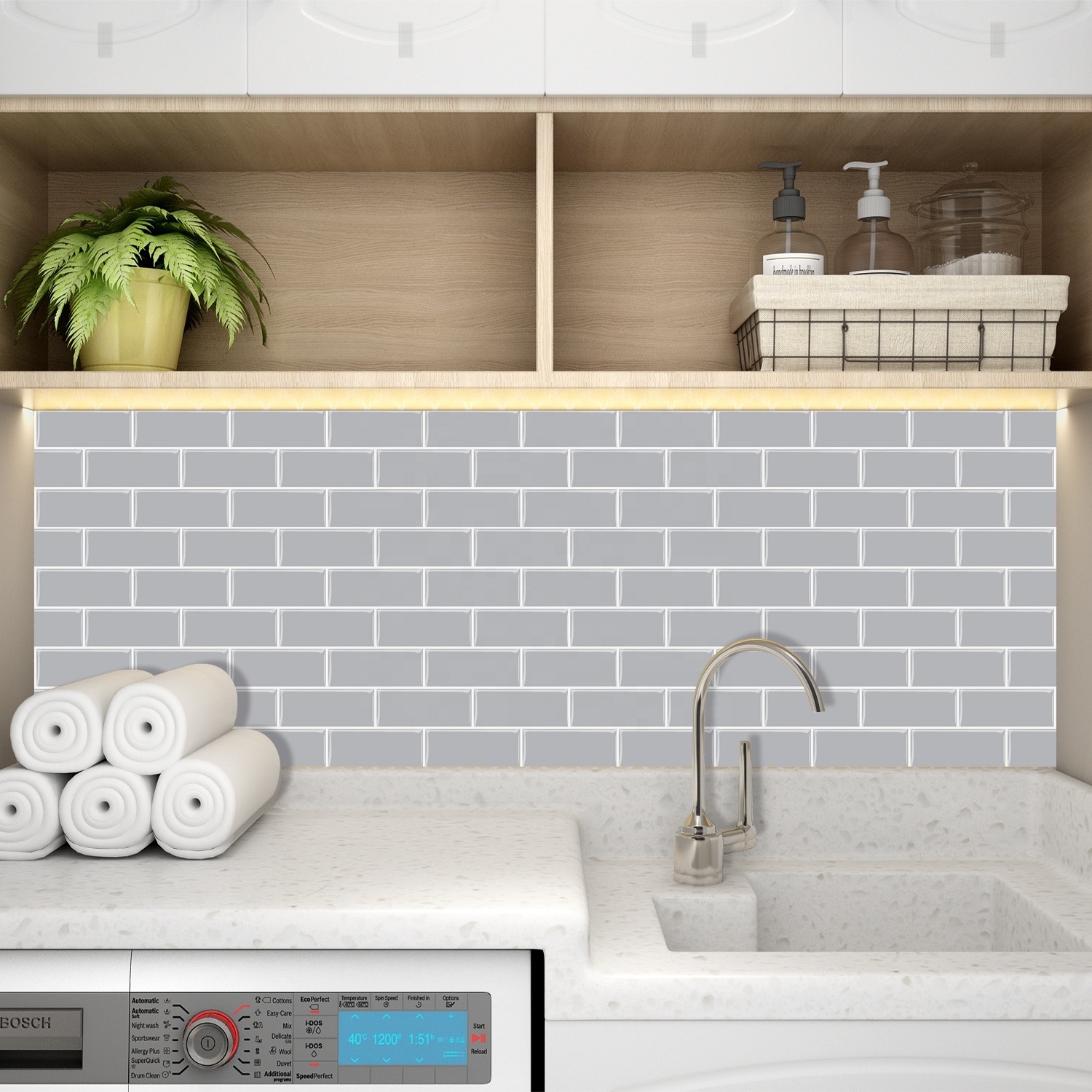 Peel And Stick Wall Light Grey With White  Grout Subway Wall Tile 3D Fireplace Tile Waterproof for Kitchen