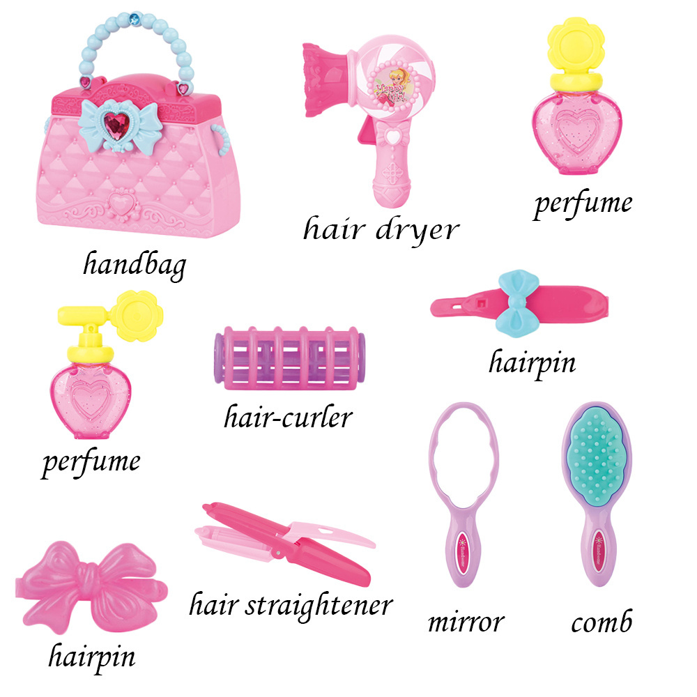 Gift for Girl Hair Dress Up Toy Set 10pcs Makeup Set Hair Dryer Perfume Little Princess Cosmetic Box