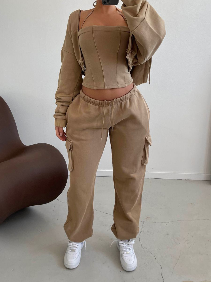 Tracksuit Manufacturer Cargo Sweatpants And Hoodie Sets Zip Up Tracksuit 3 Pieces Sweatsuit